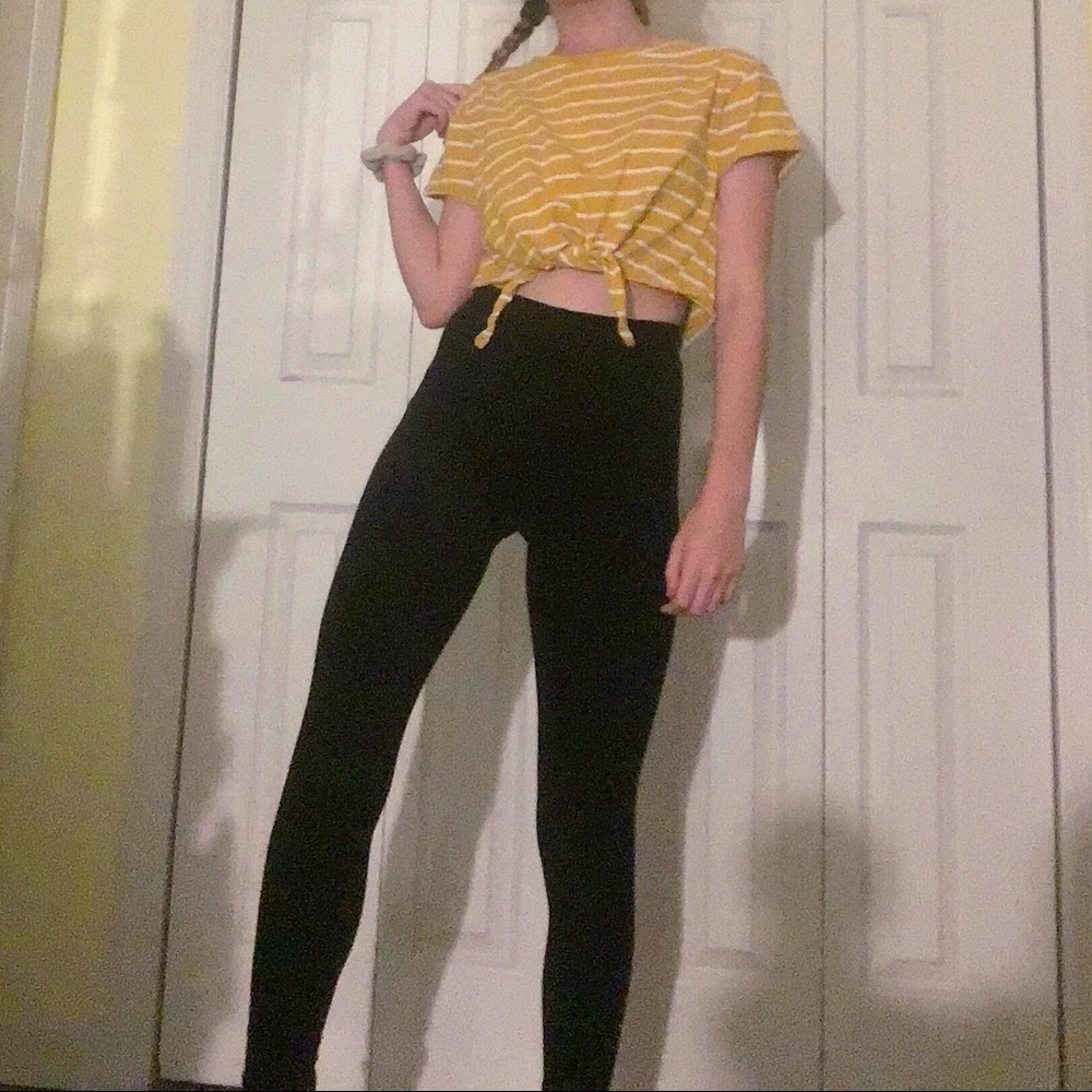 yellow tie crop top w/ white stripes